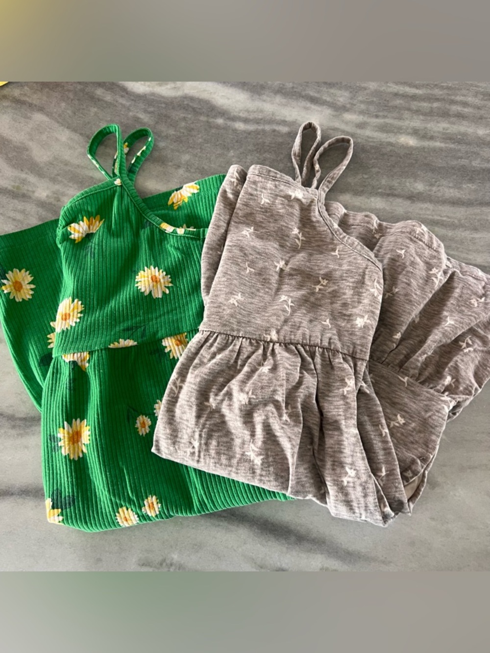 Old Navy Green Daisy Ribbed Tank Dress & Gray Floral Ruffle Dress Size 6-7